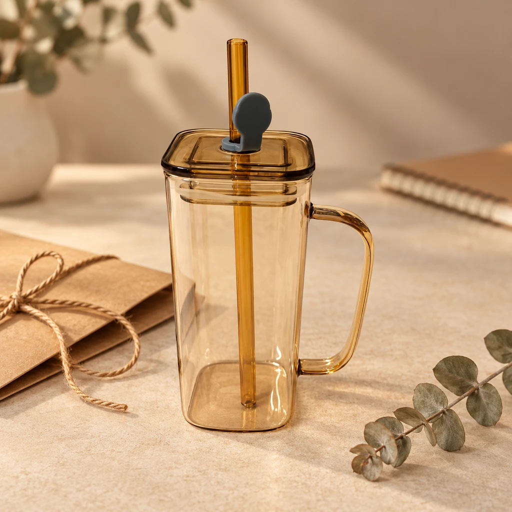Borosilicate Glass Mug with Lid & Straw — 380ml - view 4